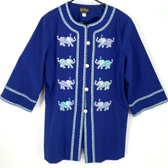Bob Mackie Size M Wearable Art Royal Blue Embroidered 3/4 Sleeve Elephant Jacket - Picture 1 of 8